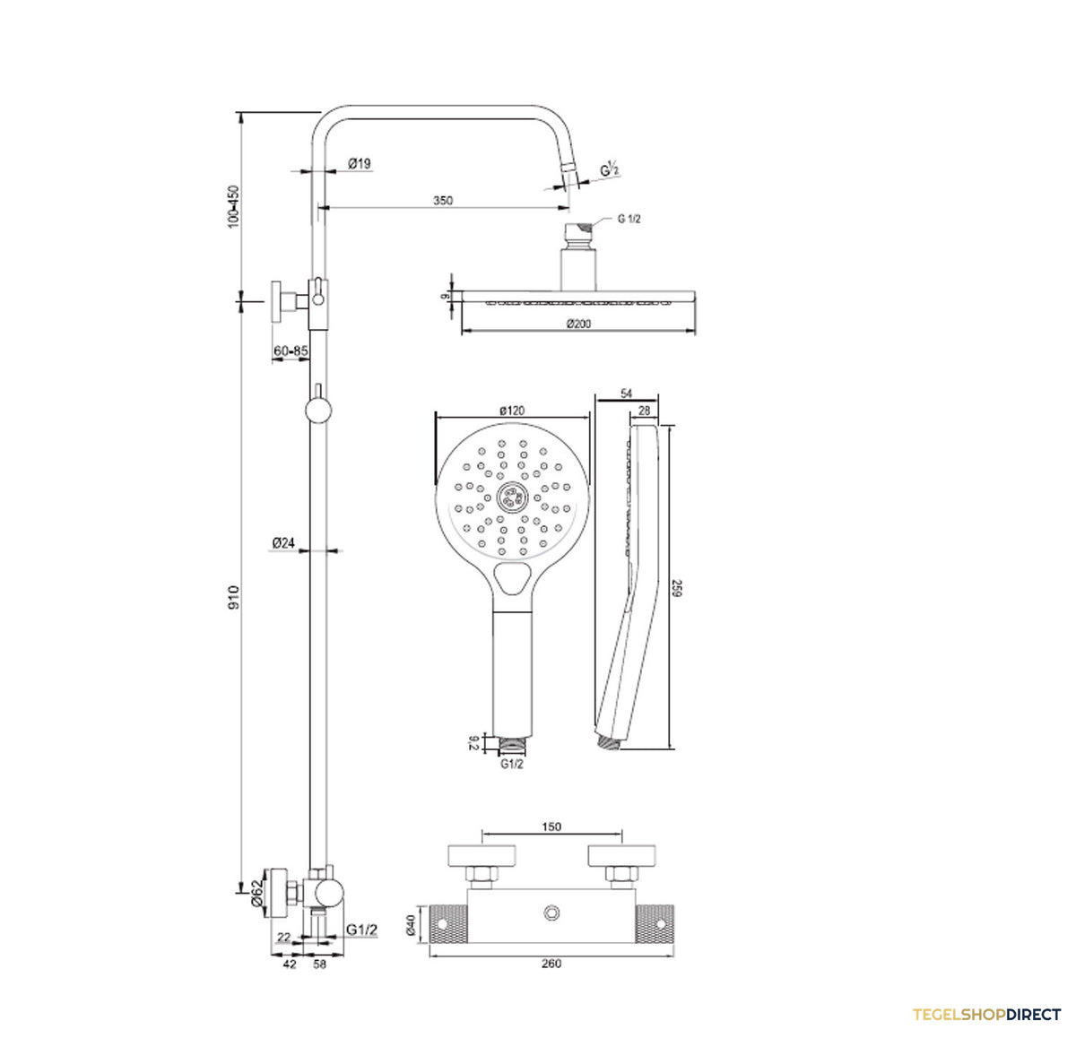 Regendoucheset Opbouw Brauer Brushed Carving 20 cm Thermostatisch met Handdouche 3-Standen Geborsteld RVS – afbeelding 8