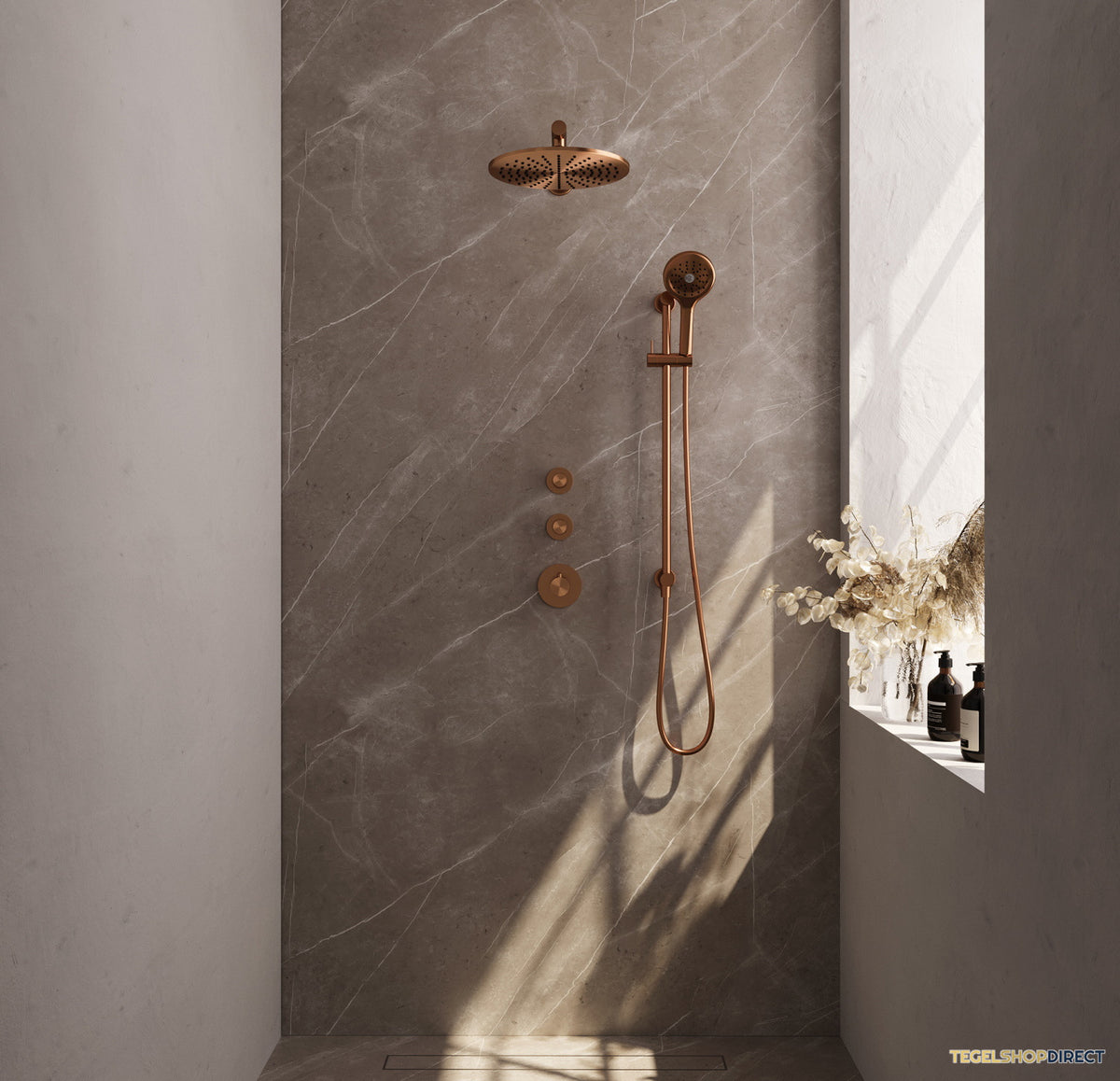 Regendoucheset Inbouw Brauer Copper Carving Thermostatisch 30cm met Wandarm, Glijstang en Handdouche 3-Standen Losse Stopkranen Geborsteld Koper – afbeelding 2