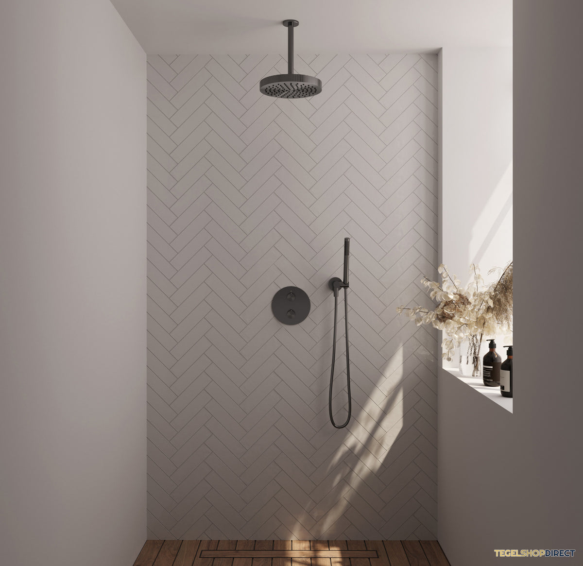 Brauer Stripe thermostatische inbouw regendouche 3-weg rond SET 39 met 25 cm douchekop en plafondarm en staaf handdouche en doucheslang en wandaansluitbocht gunmetal geborsteld PVD – afbeelding 2