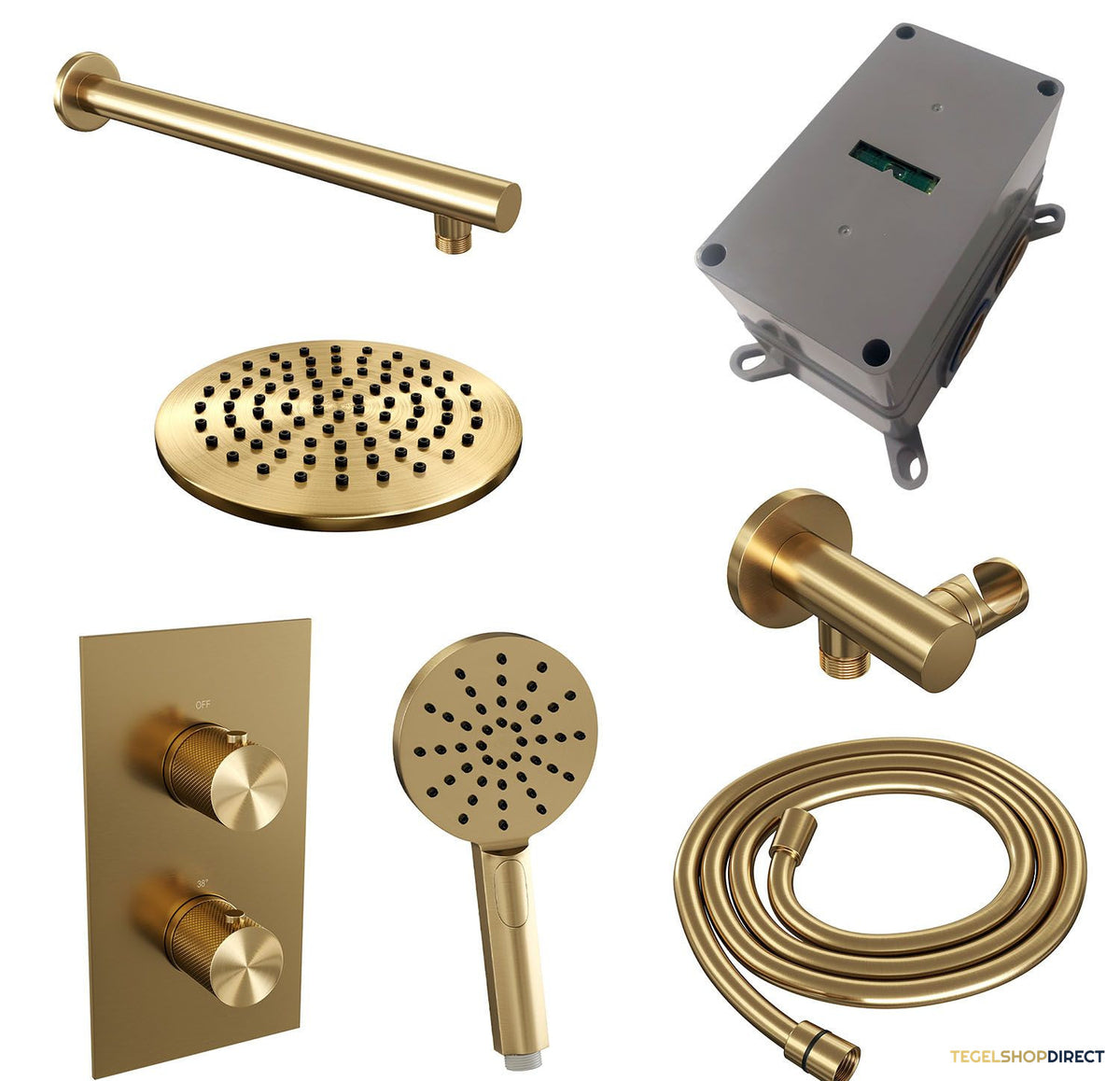 Regendoucheset Inbouw Brauer Gold Carving Thermostatisch 20cm met 3-Weg Omstelling, Wandarm en 3-Standen Handdouche Geborsteld Goud – afbeelding 4