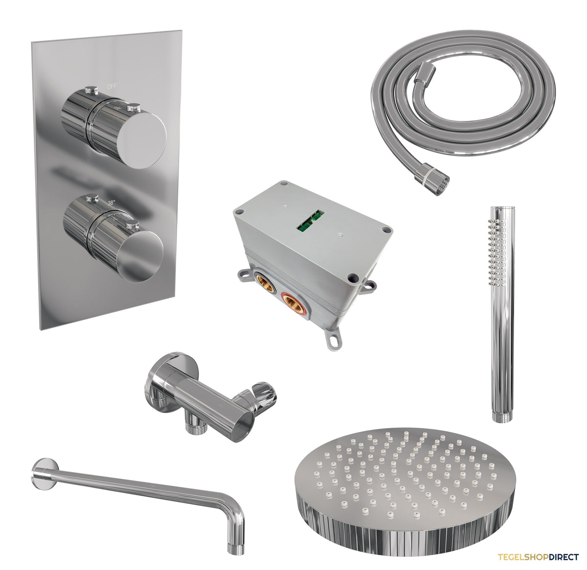 Brauer Stripe thermostatische inbouw regendouche 3-weg rechthoekig SET 14 met 25 cm douchekop en gebogen muurarm en staaf handdouche en doucheslang en wandaansluitbocht chroom – afbeelding 3