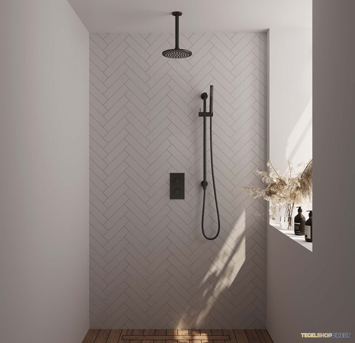 Regendoucheset Inbouw Brauer Black Carving Thermostatisch 20cm met 3-Weg Omstelling, Plafondarm, Glijstang en Staaf Handdouche Mat Zwart – afbeelding 2