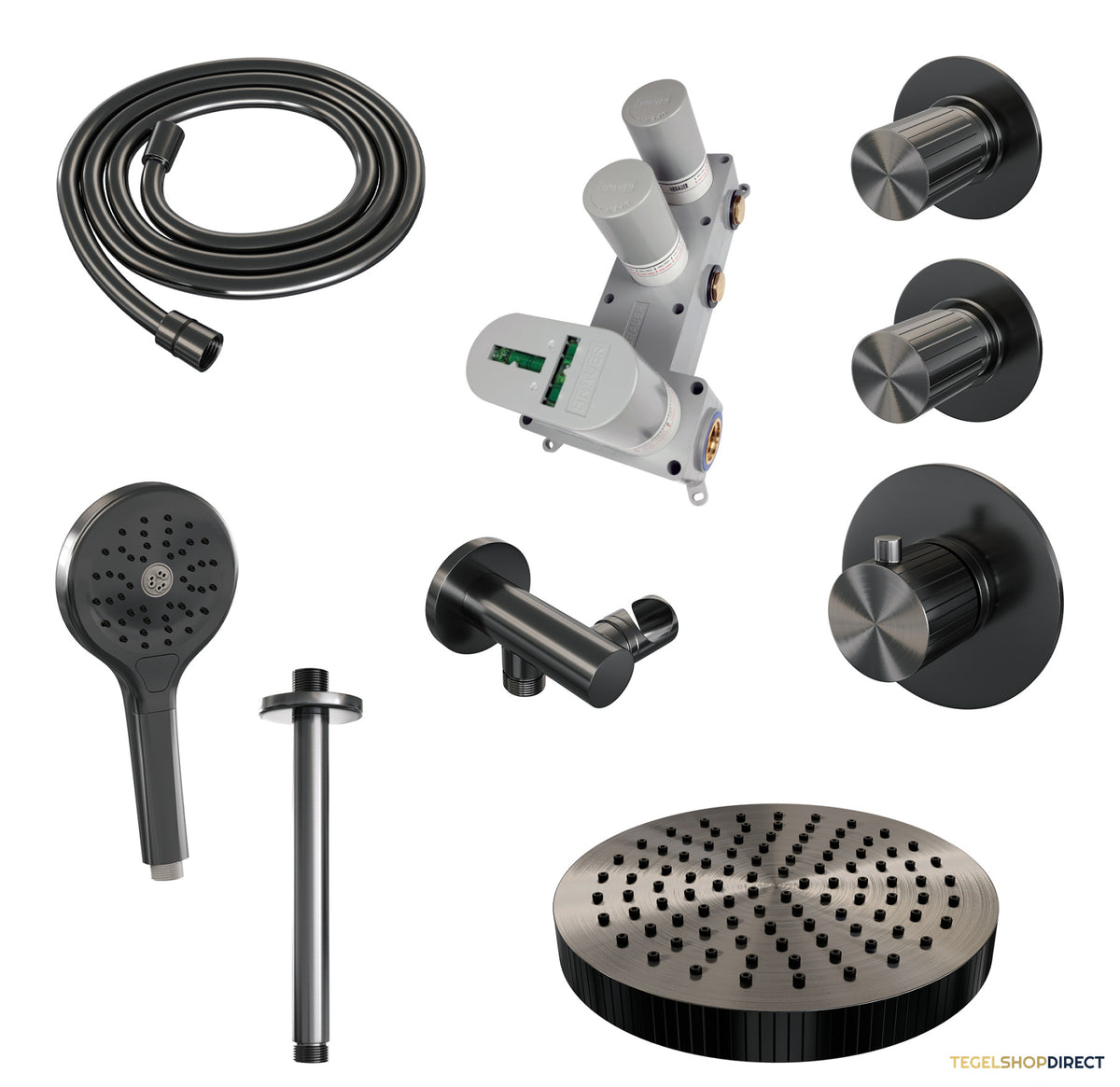Brauer Stripe thermostatische inbouw regendouche SET 06 met 25 cm douchekop en plafondarm en 3-standen handdouche en doucheslang en wandaansluitbocht gunmetal geborsteld PVD – afbeelding 3