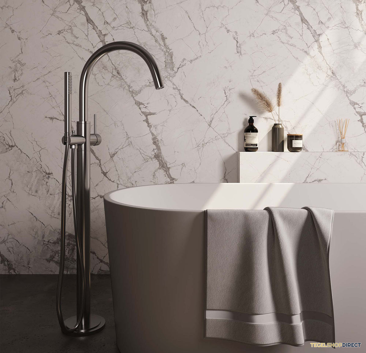 Badkraan Vrijstaand Brauer Brushed Carving met Staaf Handdouche Geborsteld RVS – afbeelding 2
