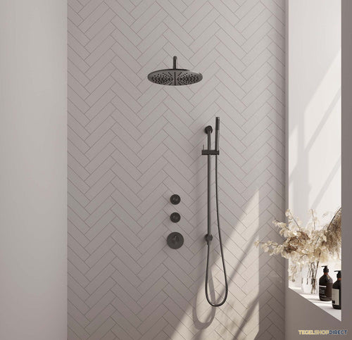 Regendoucheset Inbouw Brauer Gunmetal Carving Thermostatisch 30cm met Gebogen Wandarm Glijstang Handdouche Staaf Losse Stopkranen Geborsteld Gunmetal