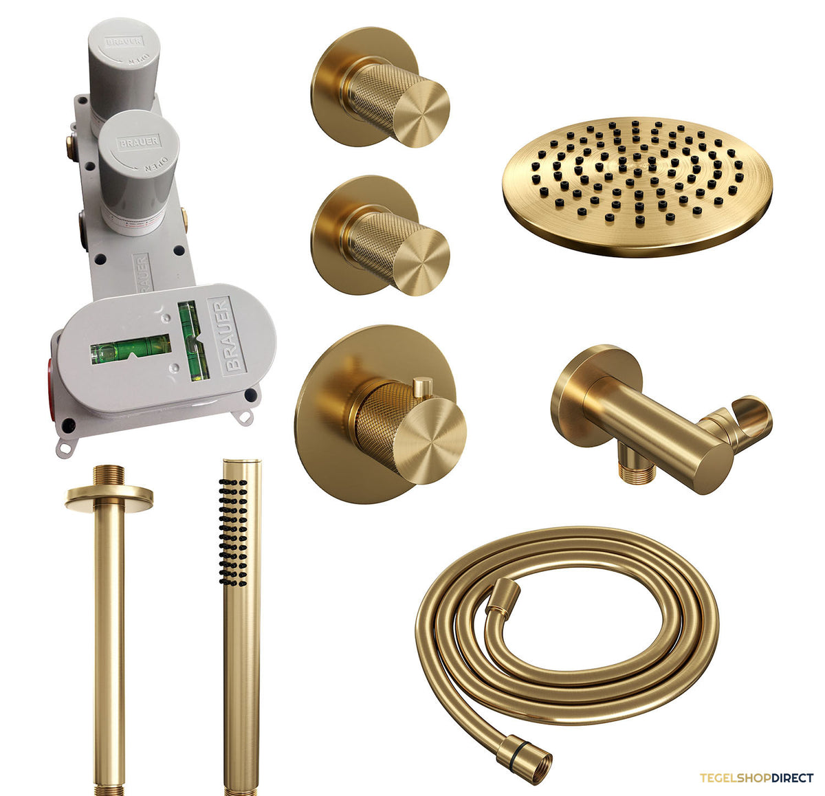 Regendoucheset Inbouw Brauer Gold Carving Thermostatisch 20cm met Plafondarm en Handdouche Staaf Losse Stopkranen Geborsteld Goud – afbeelding 4