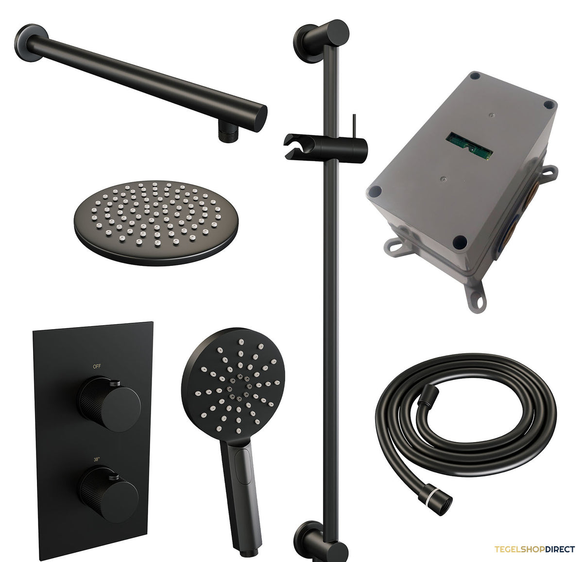 Regendoucheset Inbouw Brauer Black Carving Thermostatisch 20cm met 3-Weg Omstelling, Wandarm, Glijstang en Handdouche 3-Standen Mat Zwart – afbeelding 3