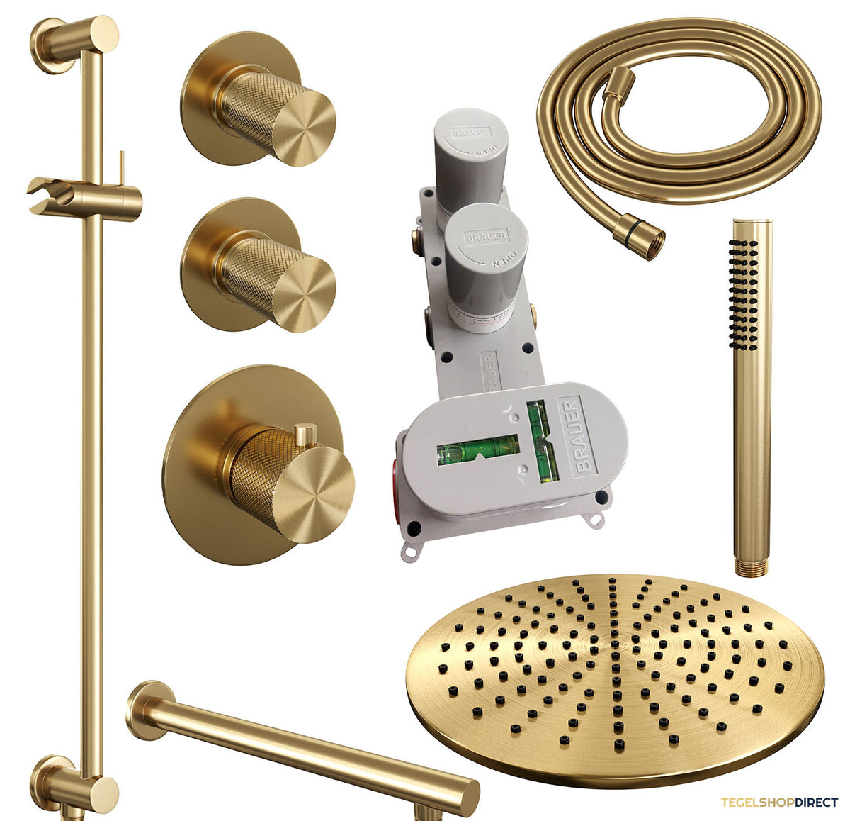 Regendoucheset Inbouw Brauer Gold Carving Thermostatisch 30cm met Wandarm, Glijstang en Handdouche Staaf Losse Stopkranen Geborsteld Goud – afbeelding 4