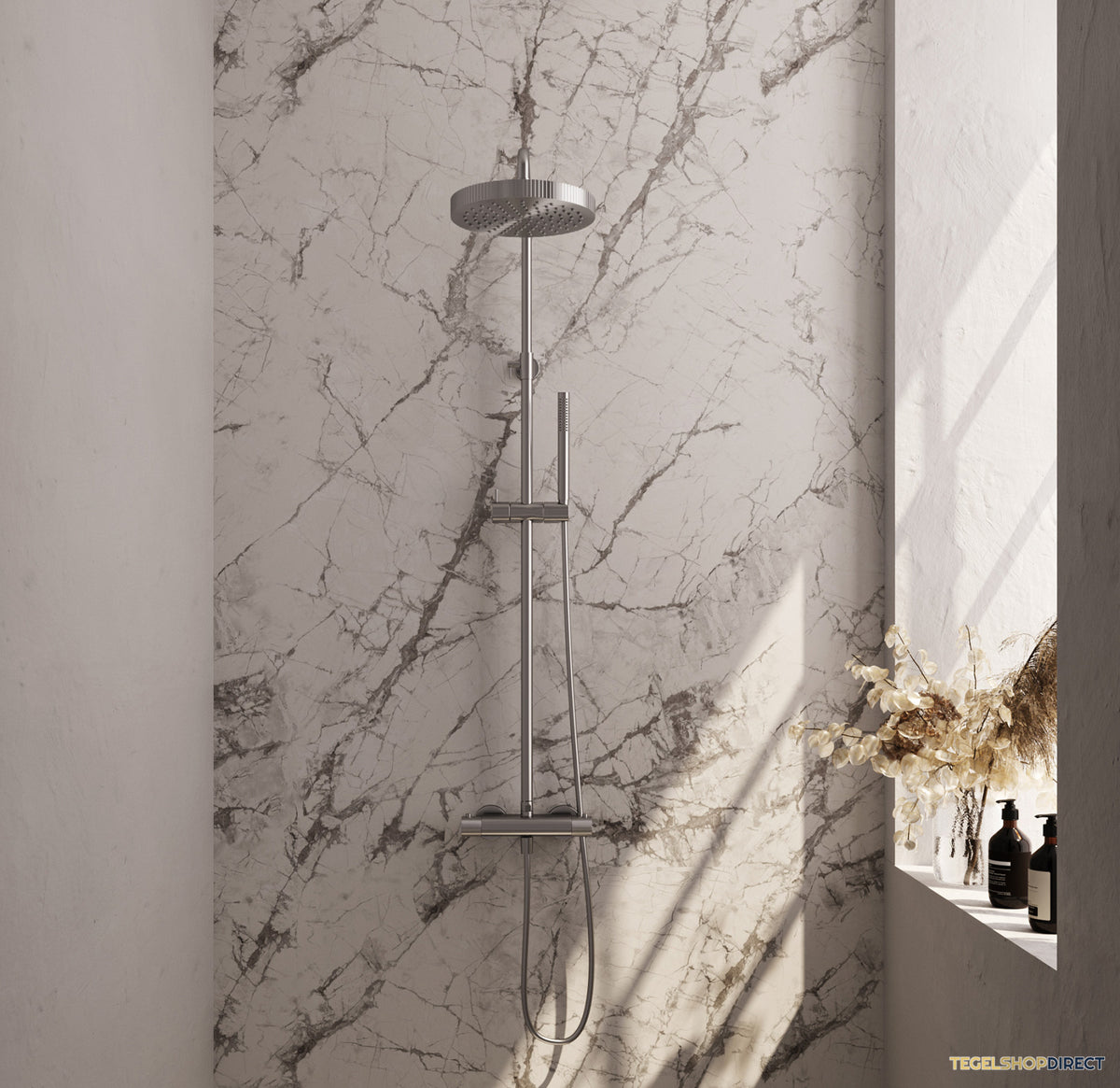 Brauer Stripe opbouw thermostatische regendouche SET 01 met 25 cm hoofddouche en staaf handdouche en doucheslang RVS-kleurig geborsteld PVD