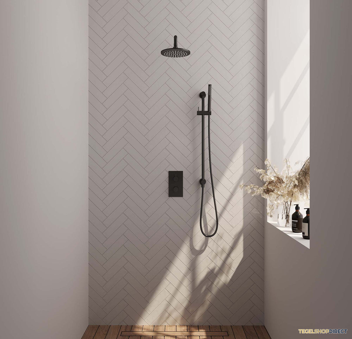Regendoucheset Inbouw Brauer Black Carving Thermostatisch 20cm met 3-Weg Omstelling, Gebogen Wandarm, Glijstang en Staaf Handdouche Mat Zwart – afbeelding 2