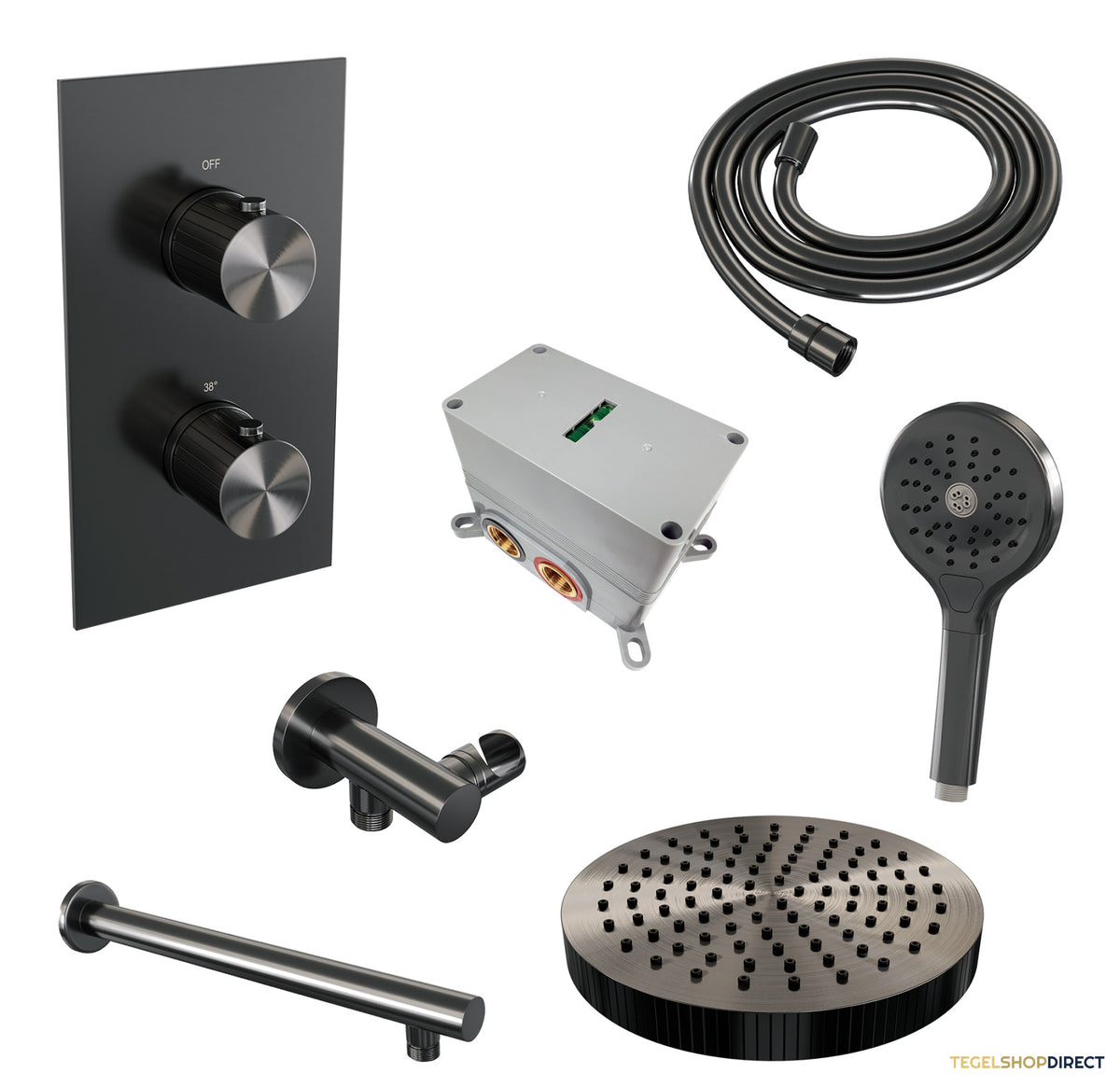 Brauer Stripe thermostatische inbouw regendouche 3-weg rechthoekig SET 16 met 25 cm douchekop en rechte muurarm en 3-standen handdouche en doucheslang en wandaansluitbocht gunmetal geborsteld PVD – afbeelding 3