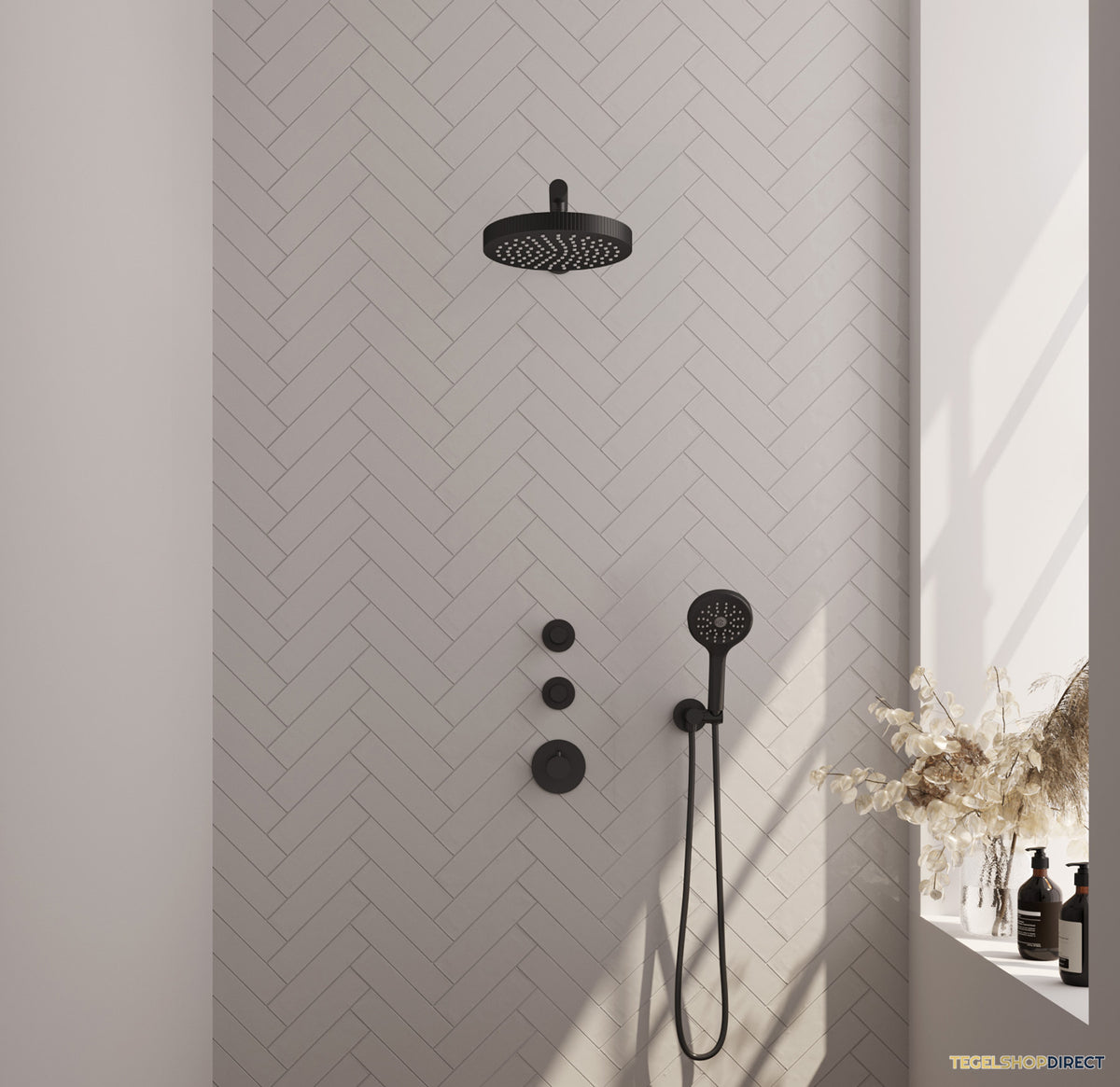 Brauer Stripe thermostatische inbouw regendouche SET 04 met 25 cm douchekop en rechte muurarm en 3-standen handdouche en doucheslang en wandaansluitbocht mat zwart