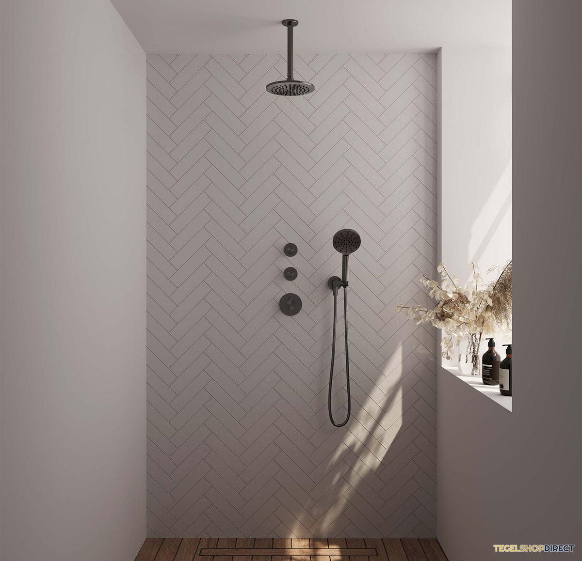 Regendoucheset Inbouw Brauer Gunmetal Carving Thermostatisch 20cm met Plafondarm en Handdouche 3-Standen Losse Stopkranen Geborsteld Gunmetal – afbeelding 2