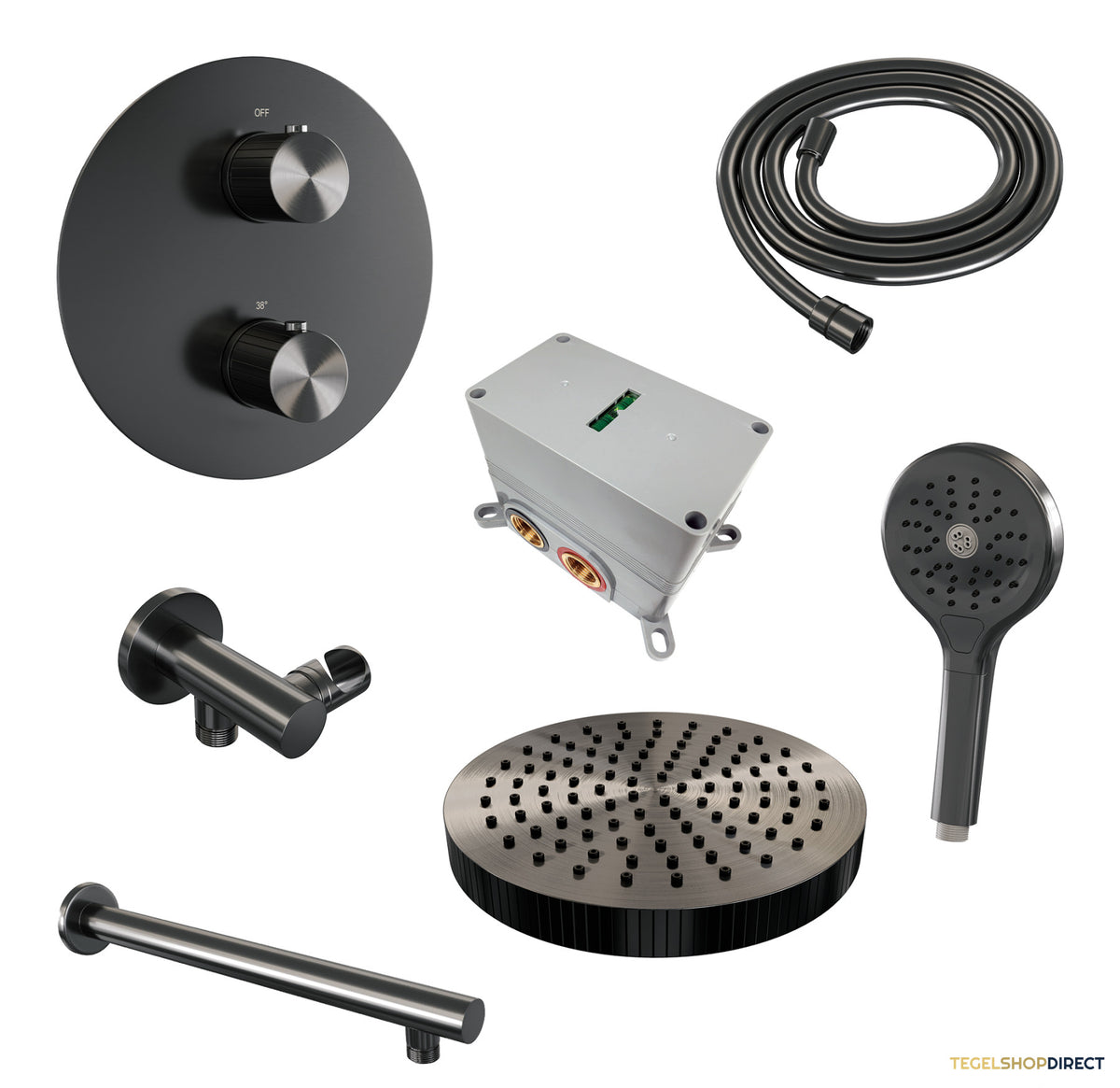 Brauer Stripe thermostatische inbouw regendouche 3-weg rond SET 40 met 25 cm douchekop en rechte muurarm en 3-standen handdouche en doucheslang en wandaansluitbocht gunmetal geborsteld PVD – afbeelding 3