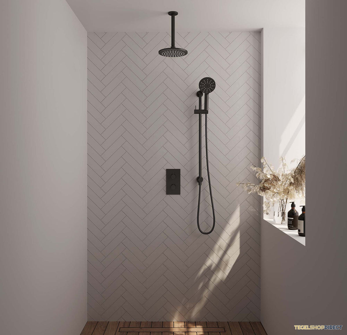 Regendoucheset Inbouw Brauer Black Carving Thermostatisch 20cm met 3-Weg Omstelling Plafondarm Glijstang en Handdouche 3-Standen Mat Zwart – afbeelding 2