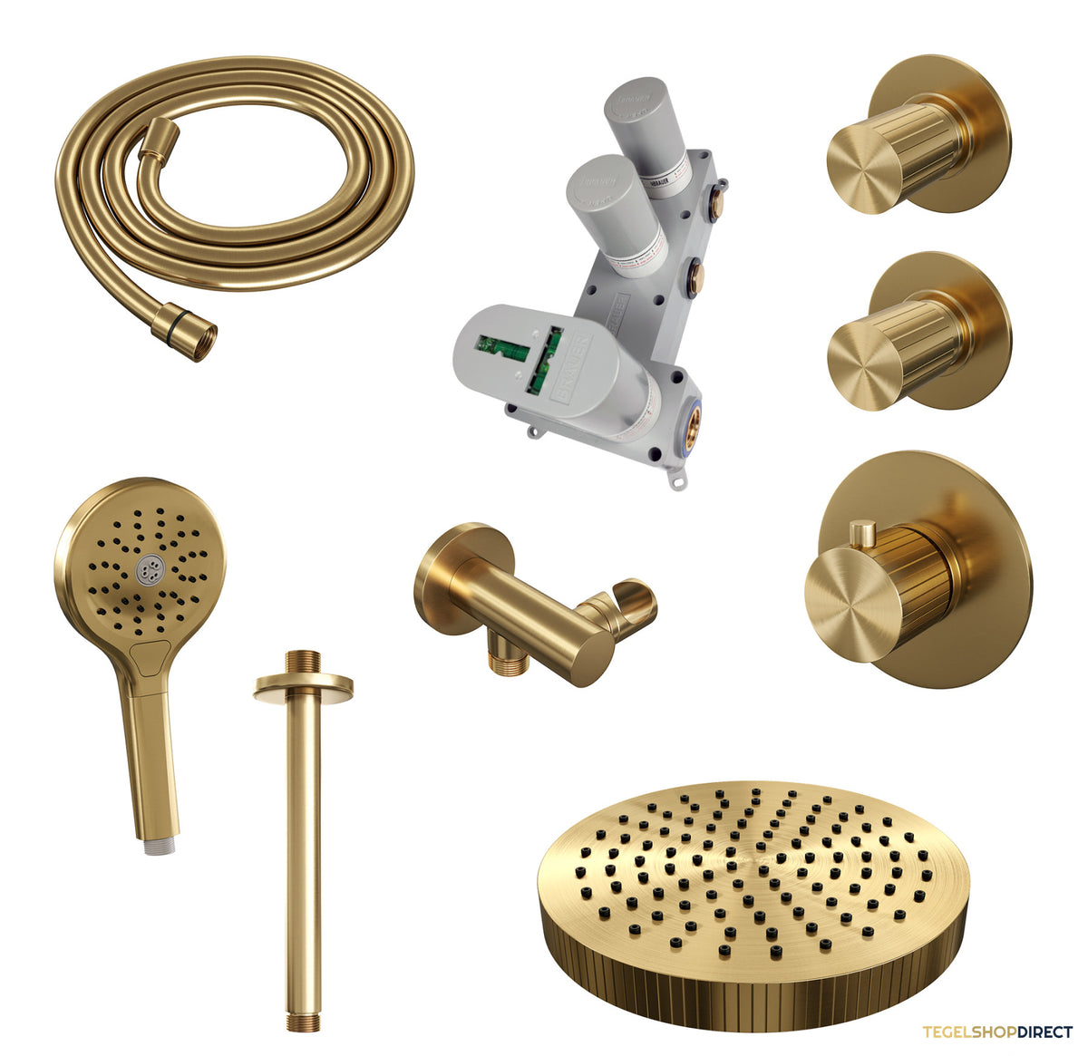 Brauer Stripe thermostatische inbouw regendouche SET 06 met 25 cm douchekop en plafondarm en 3-standen handdouche en doucheslang en wandaansluitbocht goud geborsteld PVD – afbeelding 3