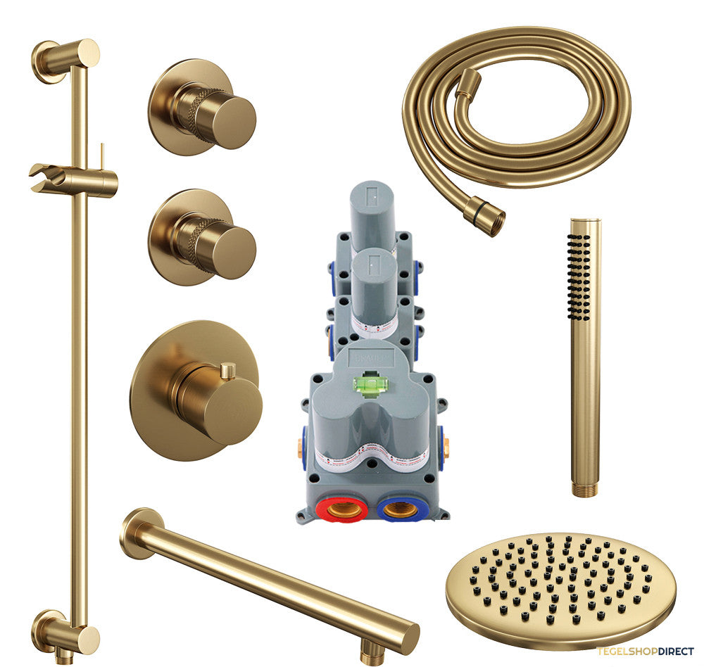 Regendoucheset Inbouw Brauer Gold Edition Thermostatisch 20cm met Wandarm, Glijstang en Handdouche Staaf Losse Stopkranen Geborsteld Goud – afbeelding 2