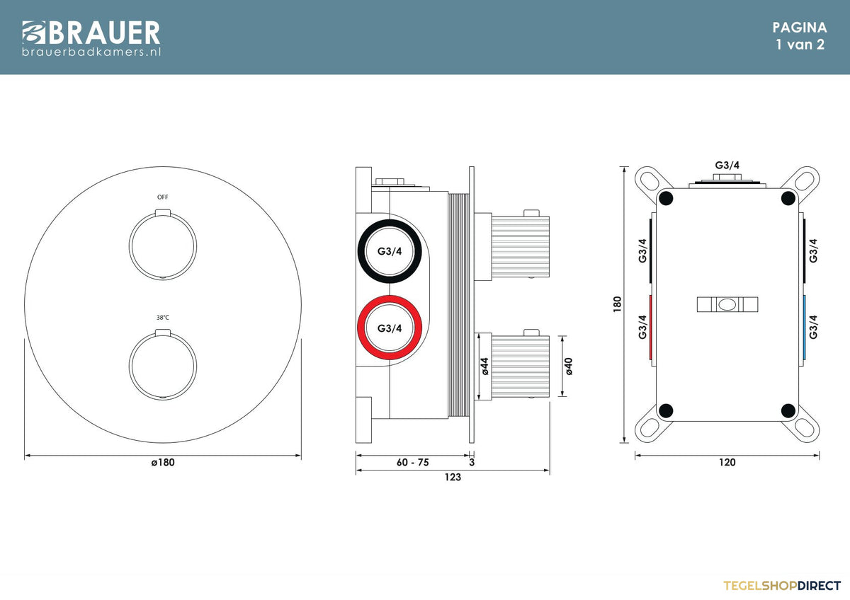 Brauer Stripe 3-weg inbouwthermostaat rond met in- en afbouwdelen chroom – afbeelding 4