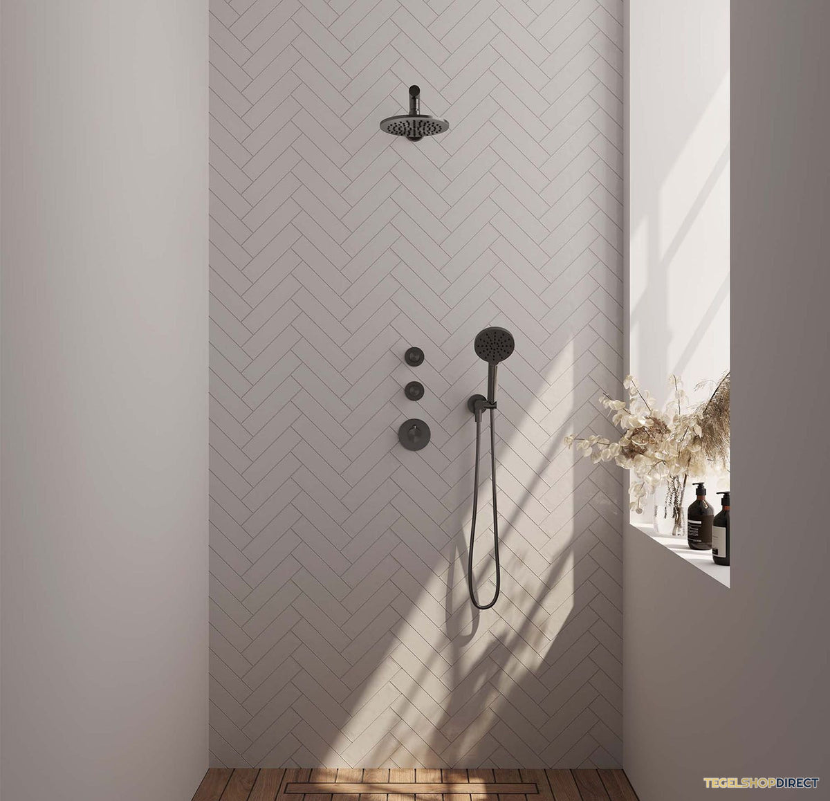 Regendoucheset Inbouw Brauer Gunmetal Carving Thermostatisch 20cm met Wandarm en Handdouche 3-Standen Losse Stopkranen Geborsteld Gunmetal – afbeelding 2