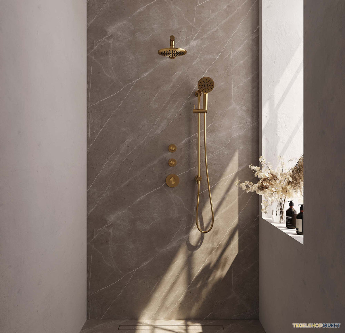 Regendoucheset Inbouw Brauer Gold Carving Thermostatisch 20cm met Wandarm, Glijstang en Handdouche 3-Standen Losse Stopkranen Geborsteld Goud – afbeelding 2