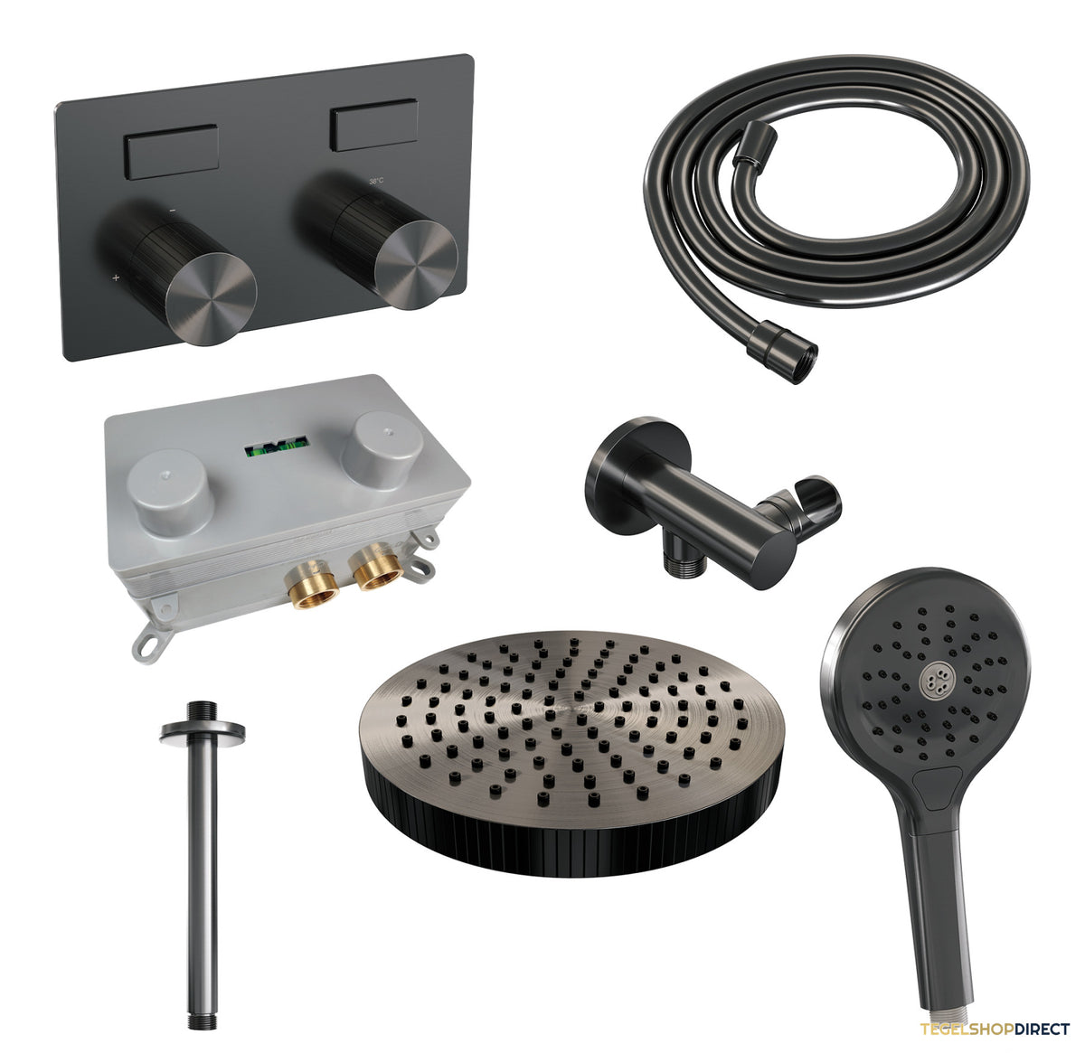 Brauer Stripe thermostatische inbouw regendouche met drukknoppen SET 30 met 25 cm douchekop en plafondarm en 3-standen handdouche en doucheslang en wandaansluitbocht gunmetal geborsteld PVD – afbeelding 3