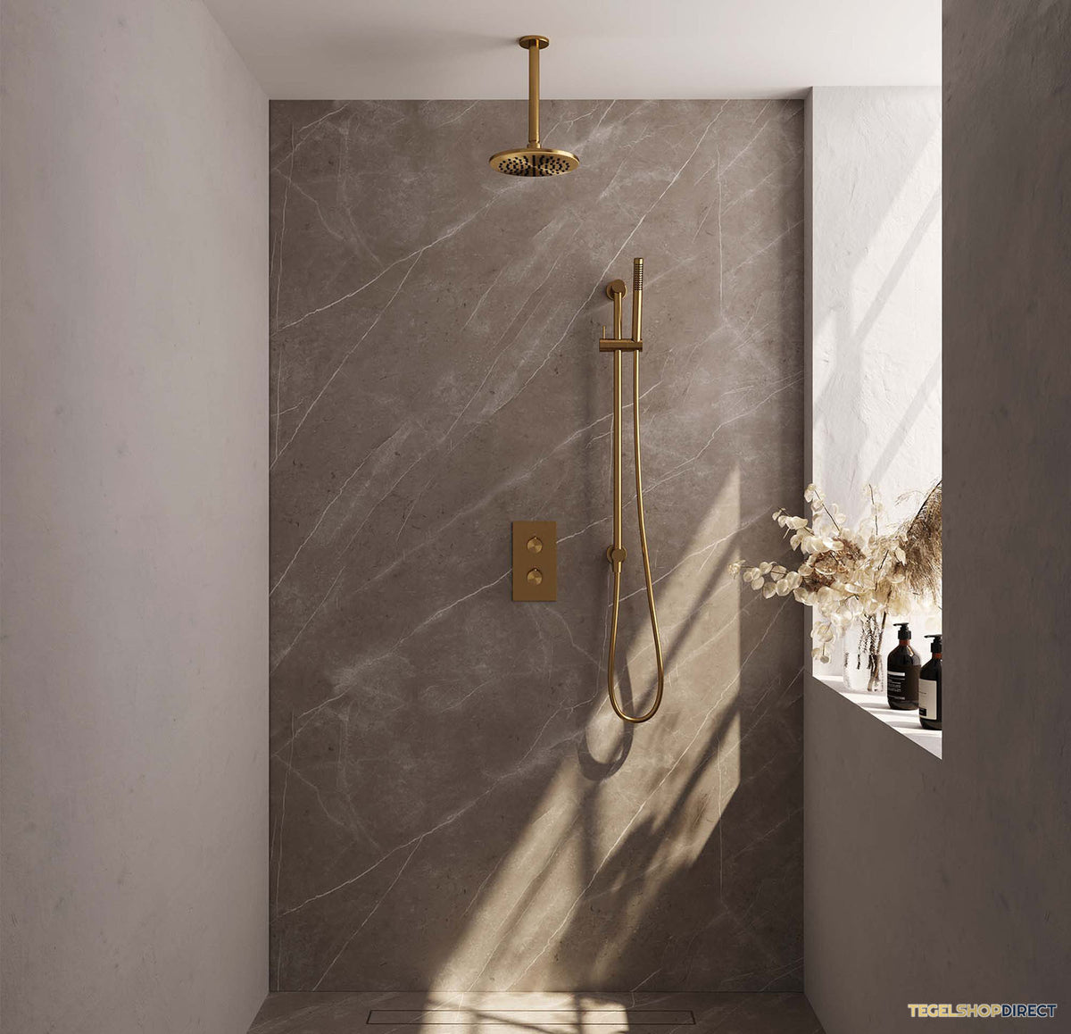 Regendoucheset Inbouw Brauer Gold Carving Thermostatisch 20cm met 3-Weg Omstelling, Plafondarm, Glijstang en Staaf Handdouche Geborsteld Goud – afbeelding 2