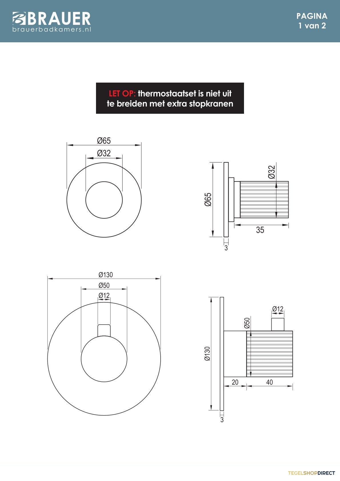 Brauer Stripe inbouwthermostaat en 2 stopkranen met in- en afbouwdelen mat zwart – afbeelding 4
