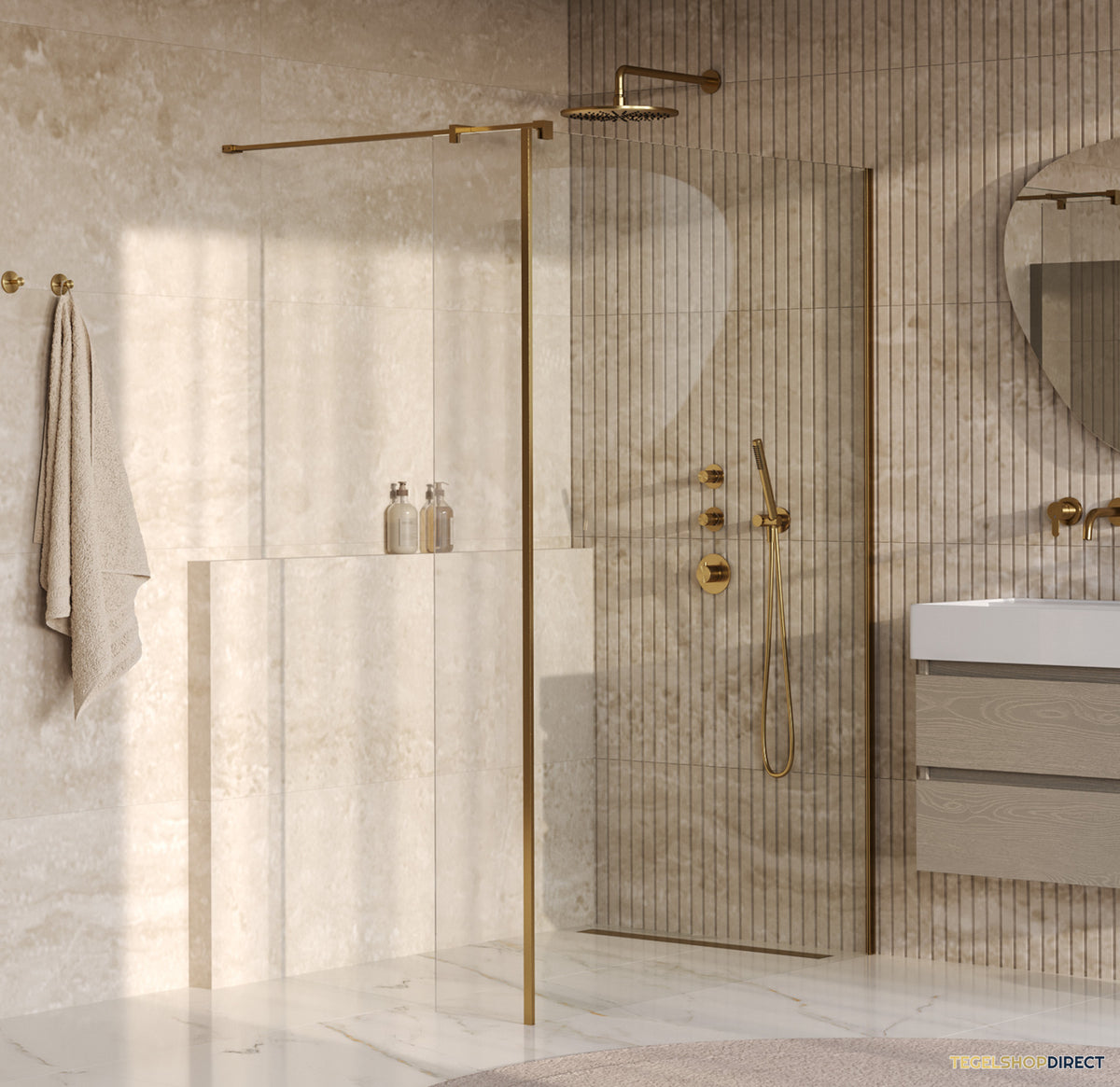 BRAUER Oblivion inloopdouche helder glas 140x200 met zijwand 30 incl. glascoating PVD goud geborsteld