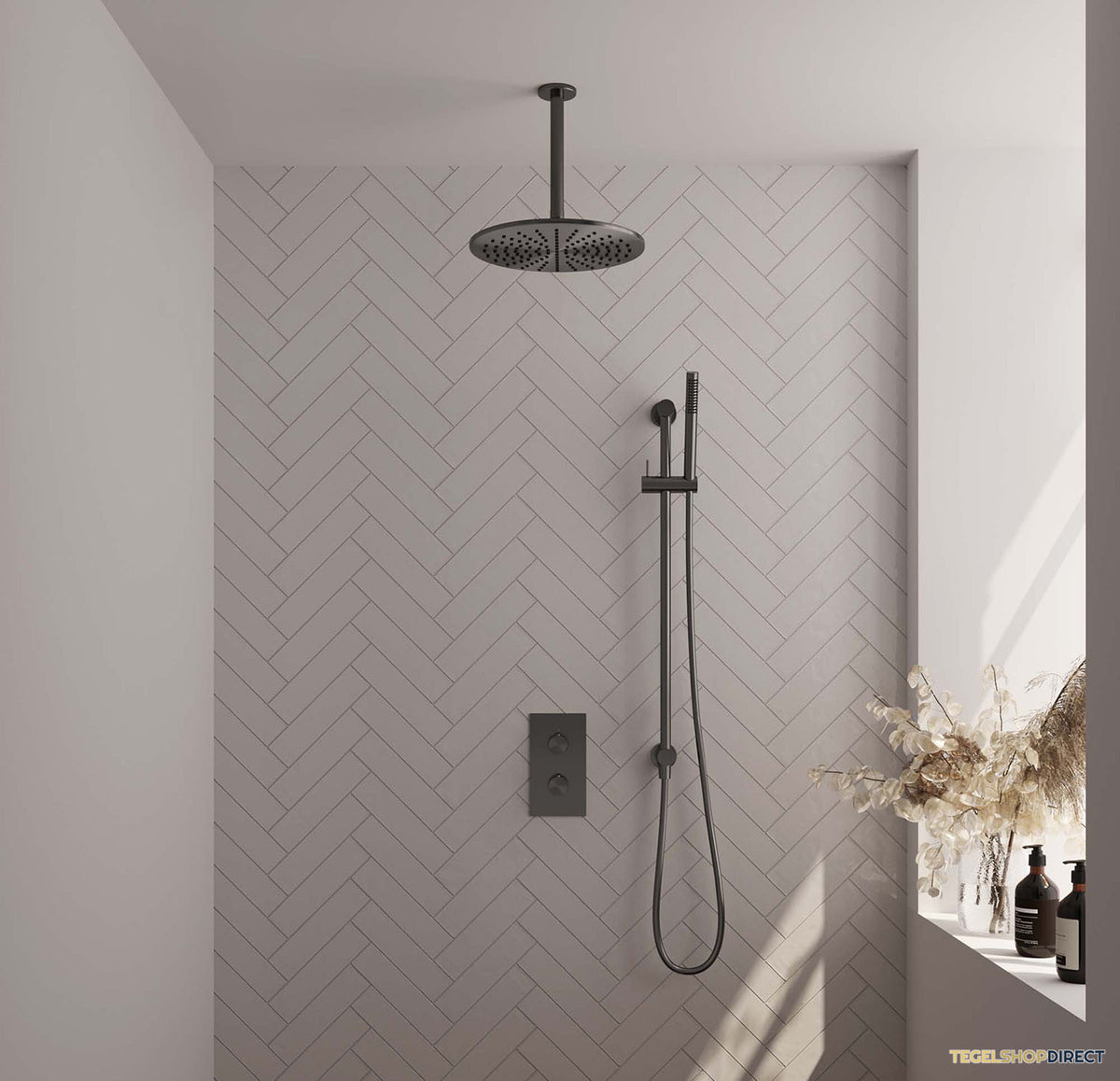 Regendoucheset Inbouw Brauer Gunmetal Edition Thermostatisch 30cm met 3-Weg Omstelling, Plafondarm, Glijstang en Staaf Handdouche Geborsteld Gunmetal