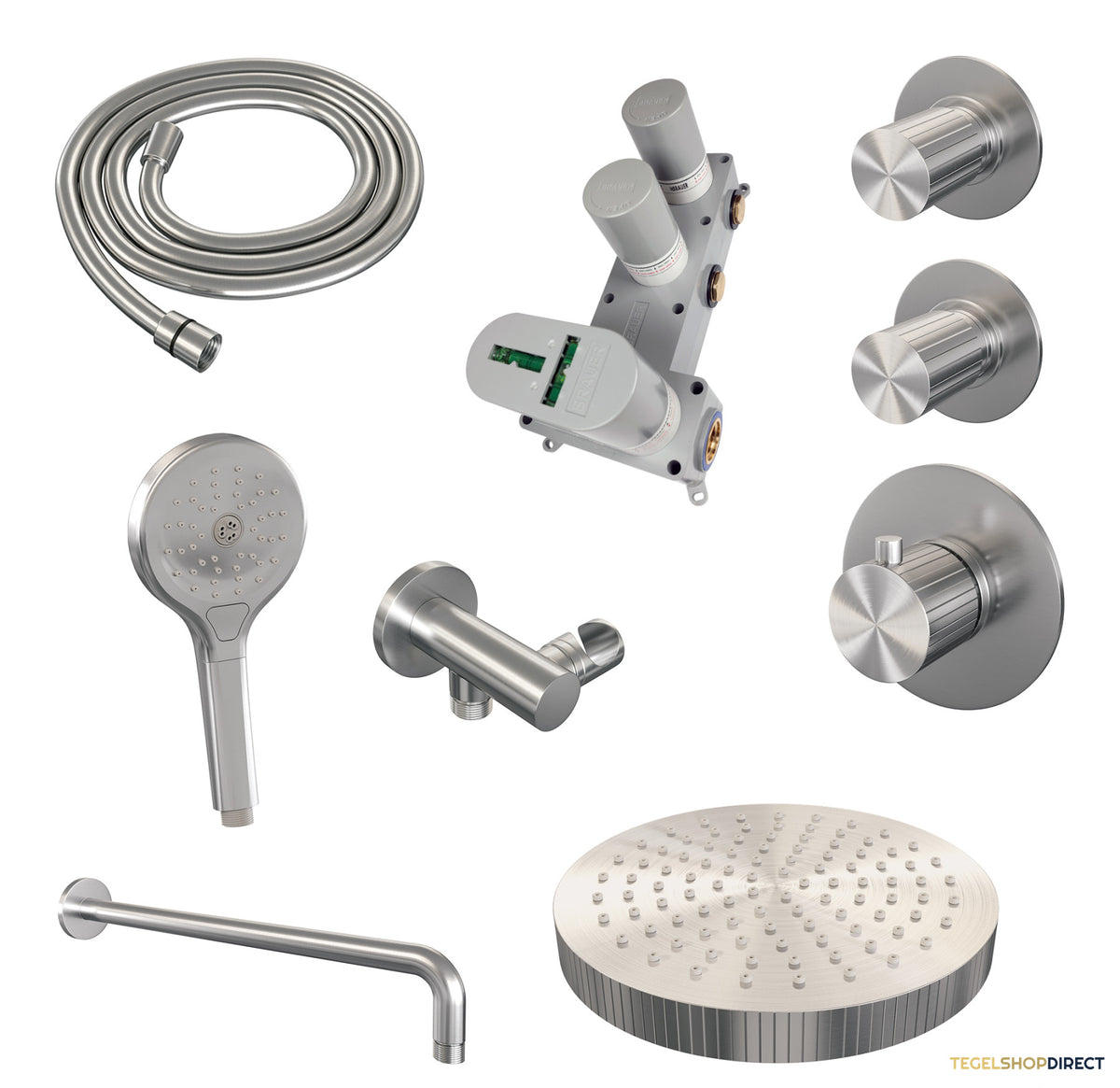 Brauer Stripe thermostatische inbouw regendouche SET 05 met 25 cm douchekop en gebogen muurarm en 3-standen handdouche en doucheslang en wandaansluitbocht RVS-kleurig geborsteld PVD – afbeelding 3
