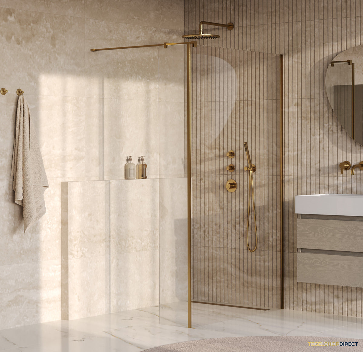 BRAUER Oblivion inloopdouche helder glas 120x200 met zijwand 30 incl. glascoating PVD goud geborsteld
