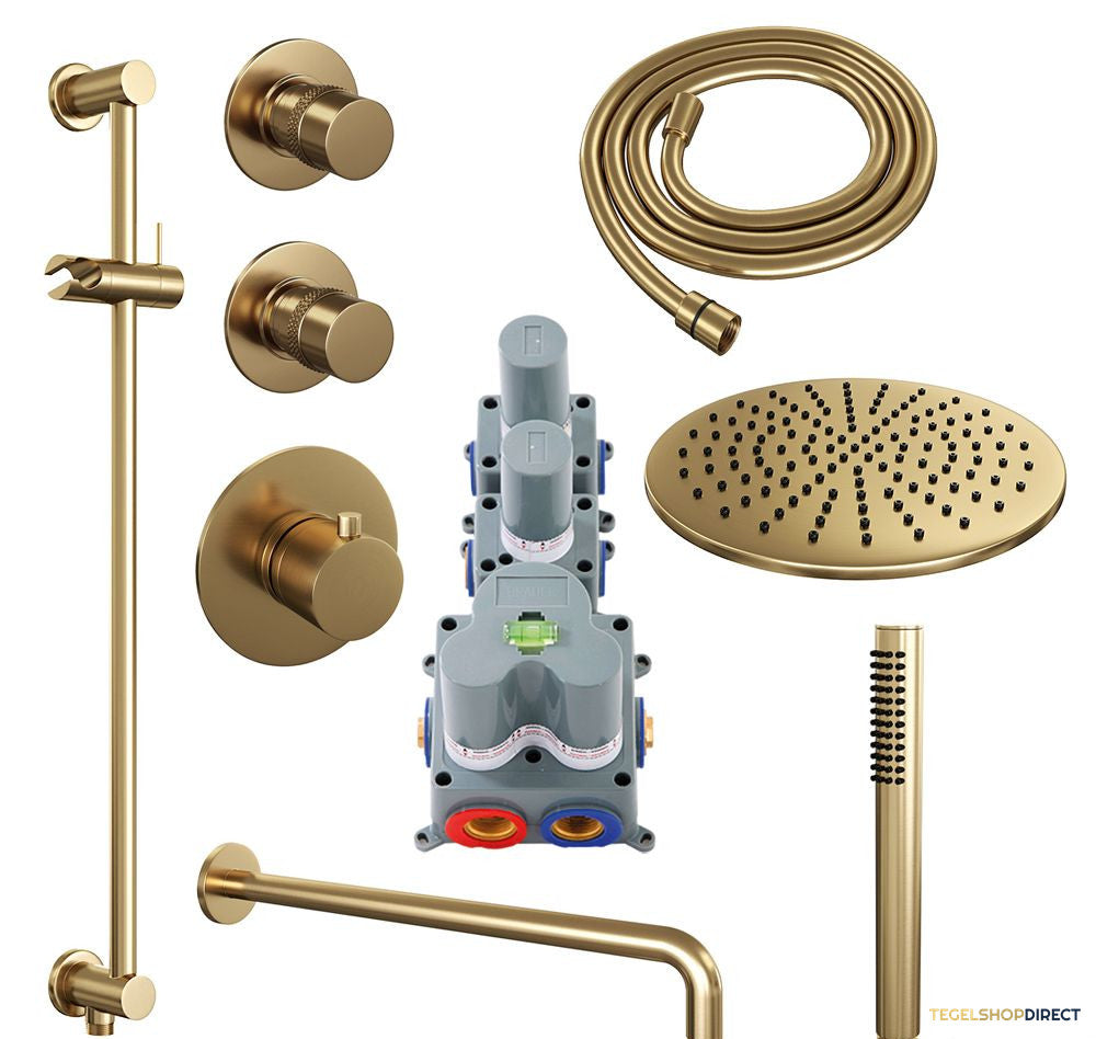 Regendoucheset Inbouw Brauer Gold Edition Thermostatisch 30cm met Gebogen Wandarm, Glijstang en Handdouche Staaf Losse Stopkranen Geborsteld Goud – afbeelding 2