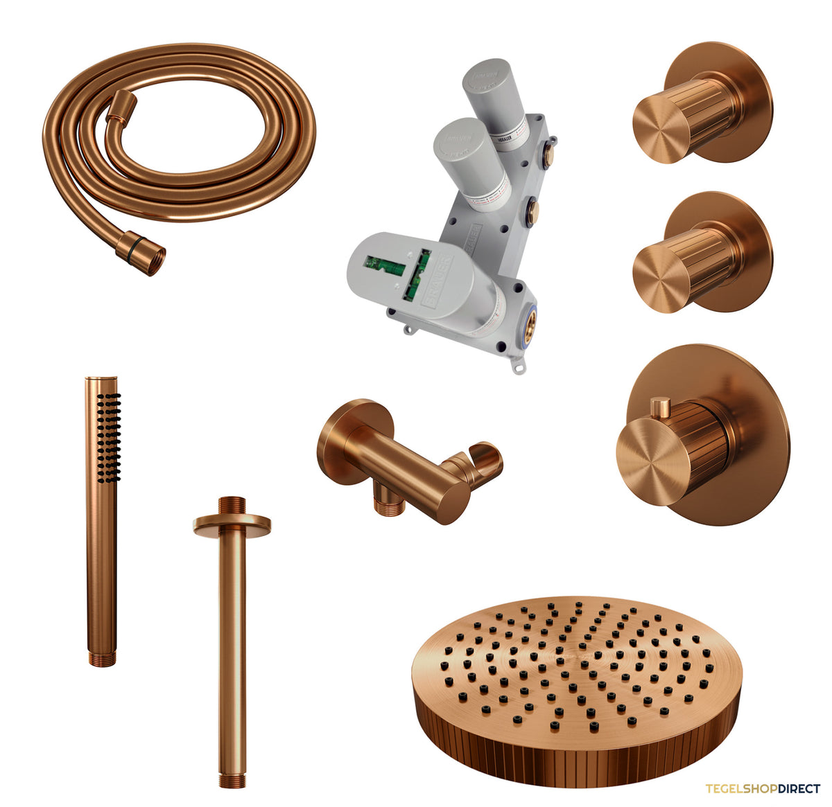 Brauer Stripe thermostatische inbouw regendouche SET 03 met 25 cm douchekop en plafondarm en staaf handdouche en doucheslang en wandaansluitbocht koper geborsteld PVD – afbeelding 3
