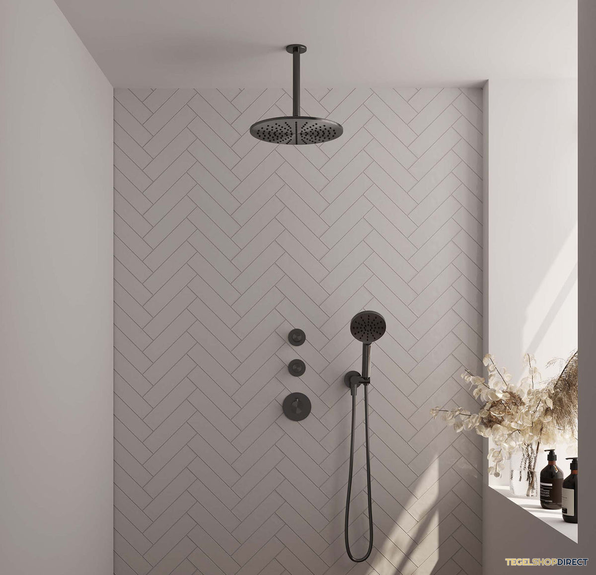 Regendoucheset Inbouw Brauer Gunmetal Edition Thermostatisch 30cm met Plafondarm en Handdouche 3-Standen Losse Stopkranen Geborsteld Gunmetal