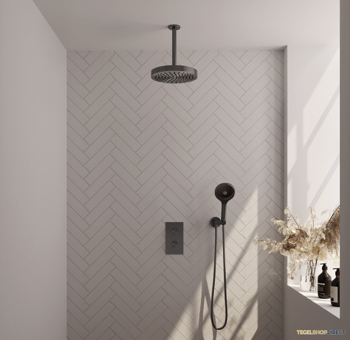 Brauer Stripe thermostatische inbouw regendouche 3-weg rechthoekig SET 18 met 25 cm douchekop en plafondarm en 3-standen handdouche en doucheslang en wandaansluitbocht gunmetal geborsteld PVD
