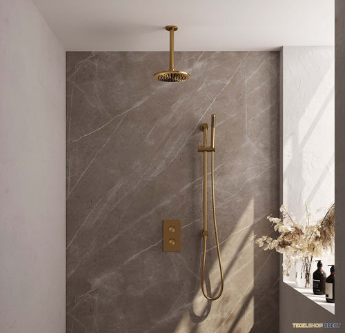 Regendoucheset Inbouw Brauer Gold Carving Thermostatisch 20cm met 3-Weg Omstelling, Plafondarm, Glijstang en Staaf Handdouche Geborsteld Goud