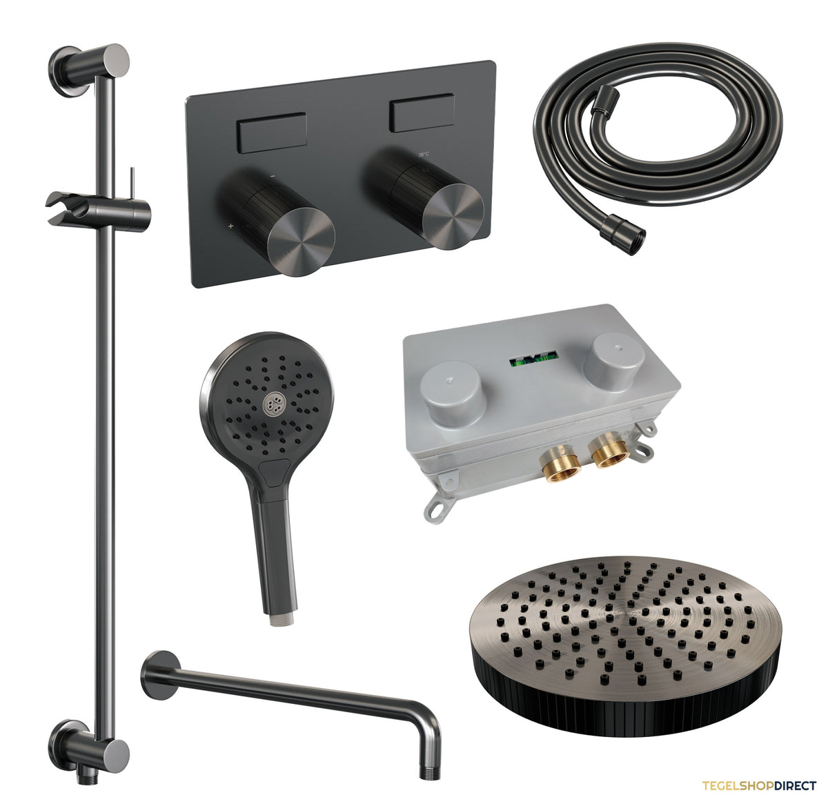 Brauer Stripe thermostatische inbouw regendouche met drukknoppen SET 35 met 25 cm douchekop en gebogen muurarm en 3-standen handdouche en doucheslang en geintegreerde glijstang gunmetal geborsteld PVD – afbeelding 3