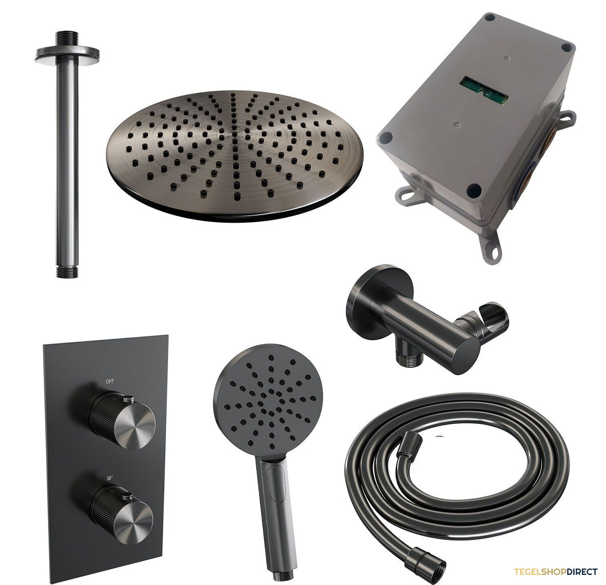 Regendoucheset Inbouw Brauer Gunmetal Carving Thermostatisch 30cm met 3-Weg Omstelling, Plafondarm en 3-Standen Handdouche Geborsteld Gunmetal – afbeelding 4