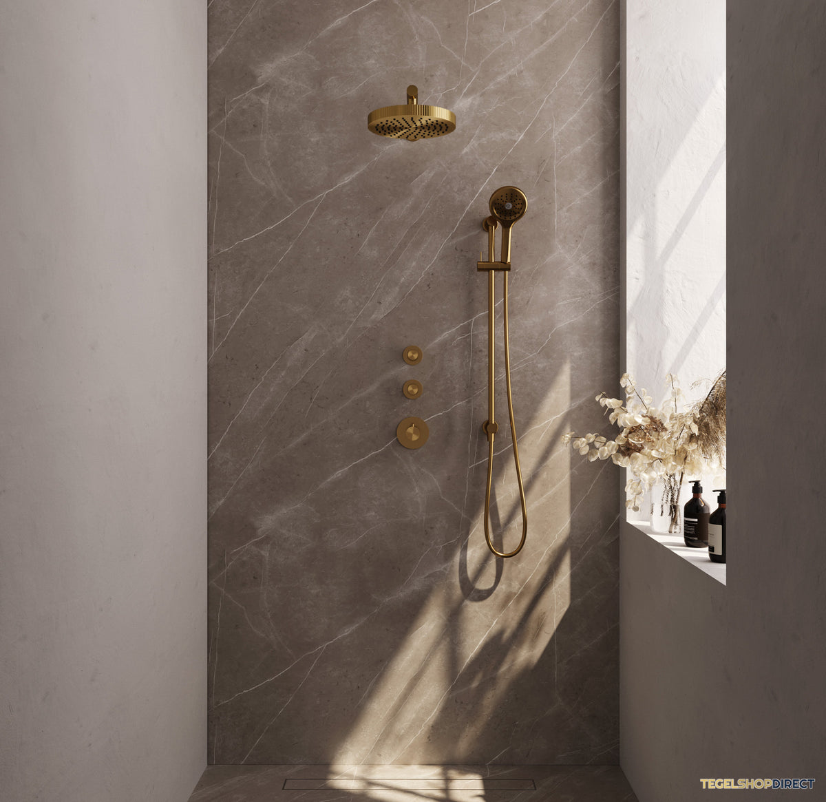 Brauer Stripe thermostatische inbouw regendouche SET 10 met 25 cm douchekop en rechte muurarm en 3-standen handdouche en doucheslang en geintegreerde glijstang goud geborsteld PVD – afbeelding 2