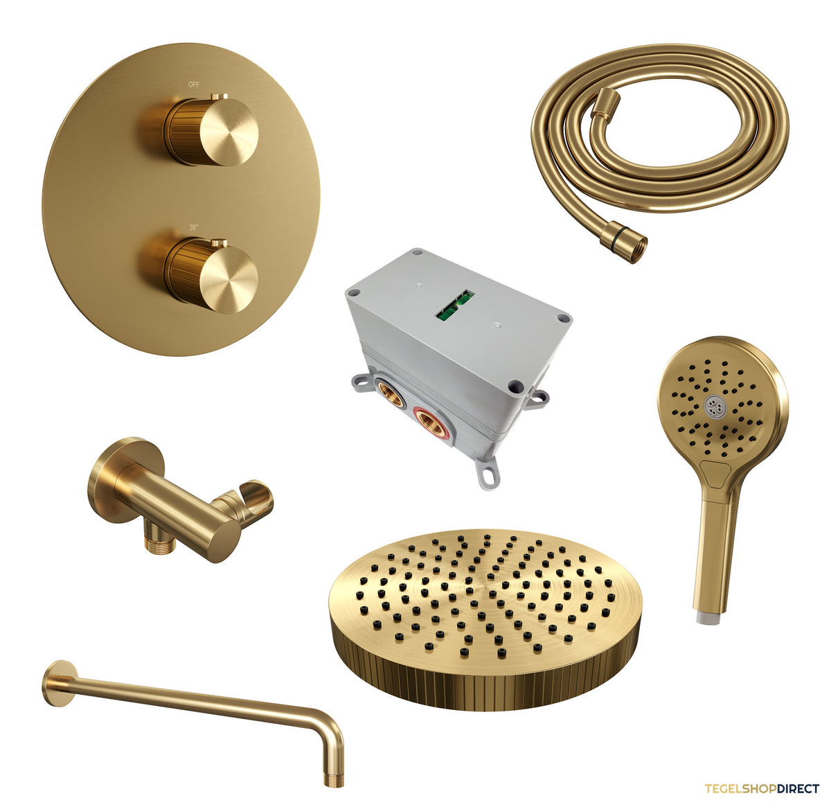 Brauer Stripe thermostatische inbouw regendouche 3-weg rond SET 41 met 25 cm douchekop en gebogen muurarm en 3-standen handdouche en doucheslang en wandaansluitbocht goud geborsteld PVD – afbeelding 3