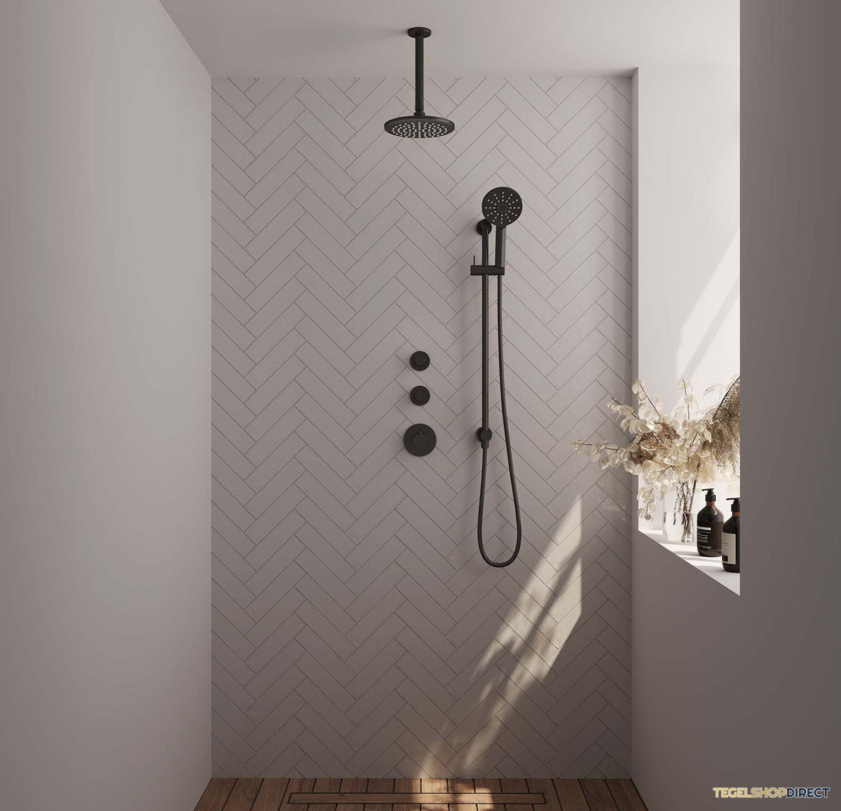 Regendoucheset Inbouw Brauer Black Carving Thermostatisch 20cm met Plafondarm, Glijstang en Handdouche 3-Standen Losse Stopkranen Mat Zwart – afbeelding 2