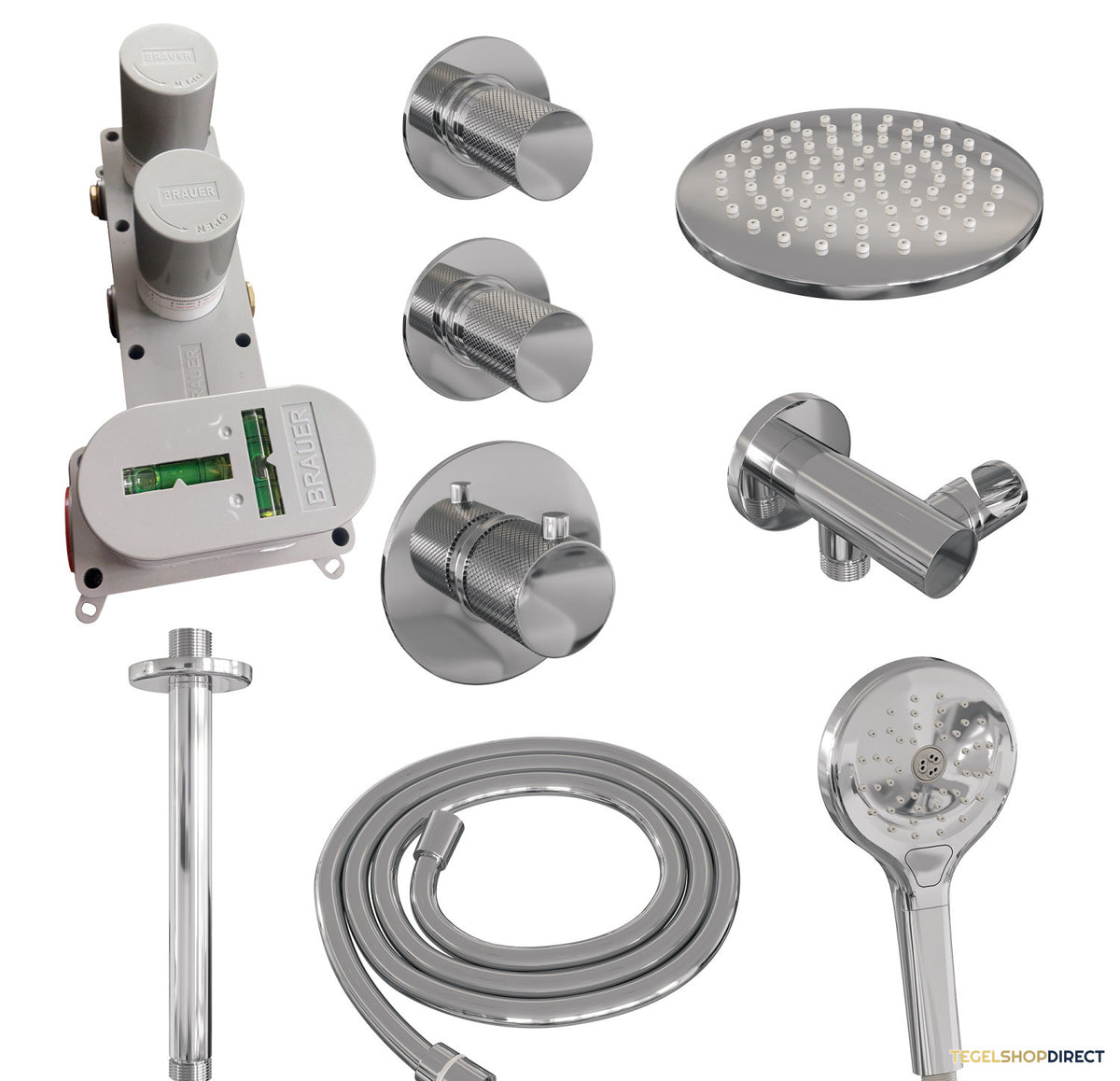 Regendoucheset Inbouw Brauer Chrome Carving Thermostatisch 20cm met Plafondarm en Handdouche 3-Standen Losse Stopkranen Chroom – afbeelding 11