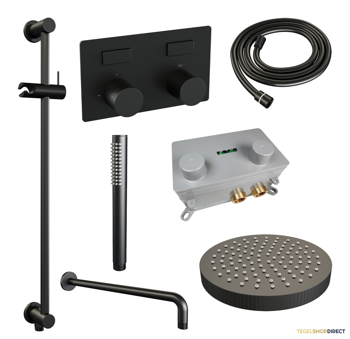 Brauer Stripe thermostatische inbouw regendouche met drukknoppen SET 32 met 25 cm douchekop en gebogen muurarm en staaf handdouche en doucheslang en geintegreerde glijstang mat zwart – afbeelding 3