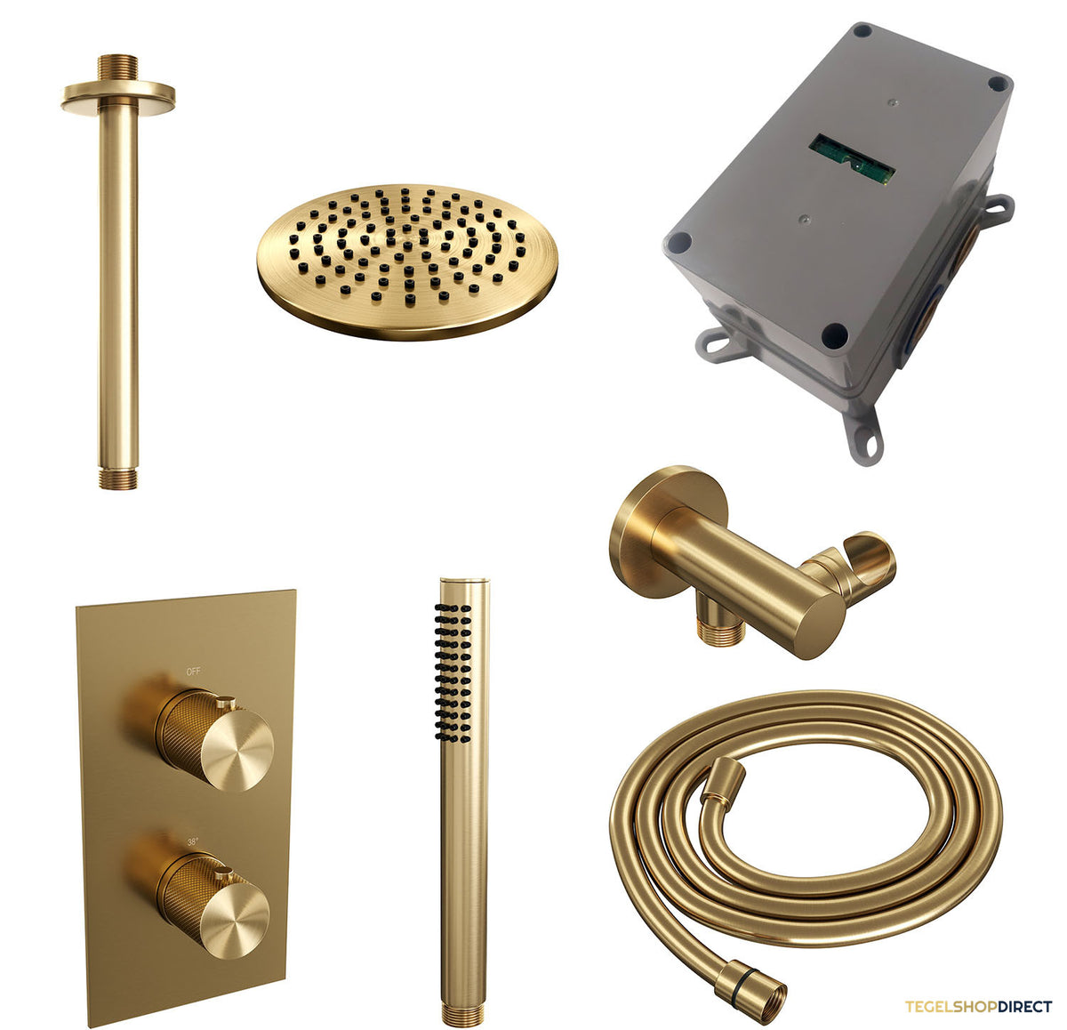 Regendoucheset Inbouw Brauer Gold Carving Thermostatisch 20cm met 3-Weg Omstelling, Plafondarm en Staaf Handdouche Geborsteld Goud – afbeelding 4