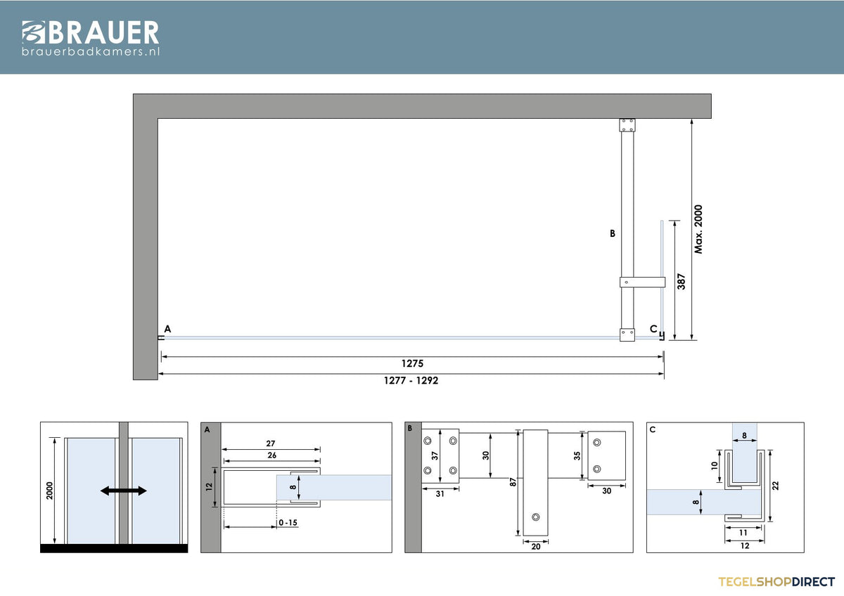 BRAUER Oblivion inloopdouche helder glas 130x200 met zijwand 40 incl. glascoating PVD gunmetal geborsteld – afbeelding 5