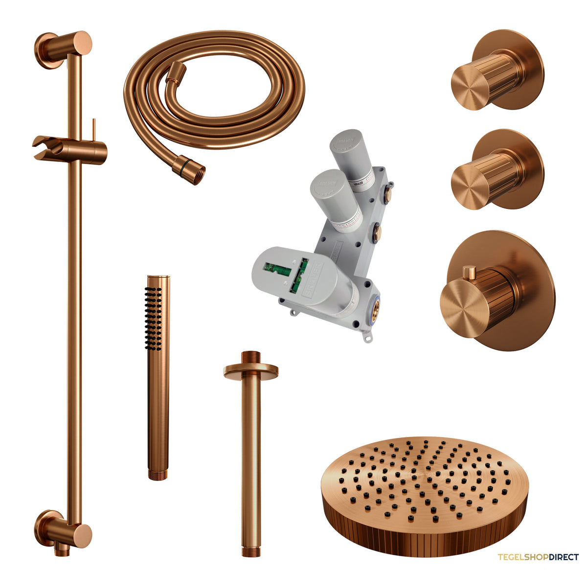 Brauer Stripe thermostatische inbouw regendouche SET 09 met 25 cm douchekop en plafondarm en staaf handdouche en doucheslang en geintegreerde glijstang koper geborsteld PVD – afbeelding 3