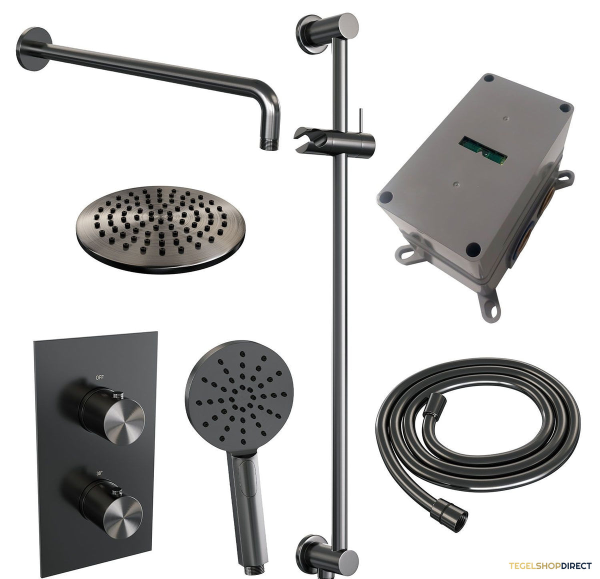 Brauer Inbouw Regendouche | Gunmetal Edition | 20cm Stortdouche met gebogen wandarm en handdouche | Geborsteld Gunmetal – afbeelding 3
