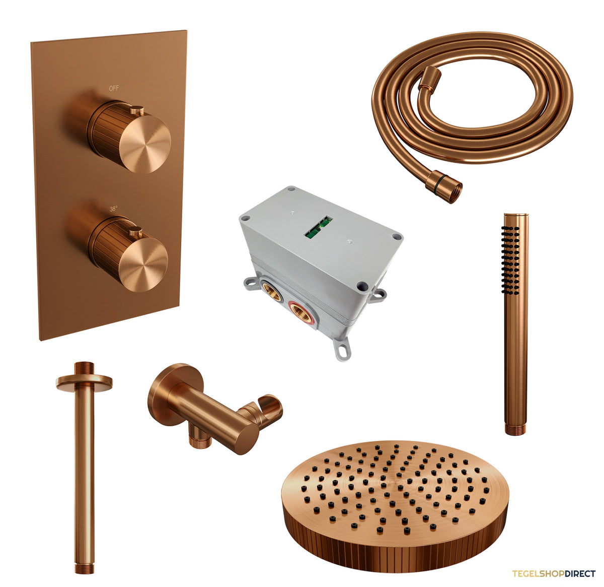Brauer Stripe thermostatische inbouw regendouche 3-weg rechthoekig SET 15 met 25 cm douchekop en plafondarm en staaf handdouche en doucheslang en wandaansluitbocht koper geborsteld PVD – afbeelding 3