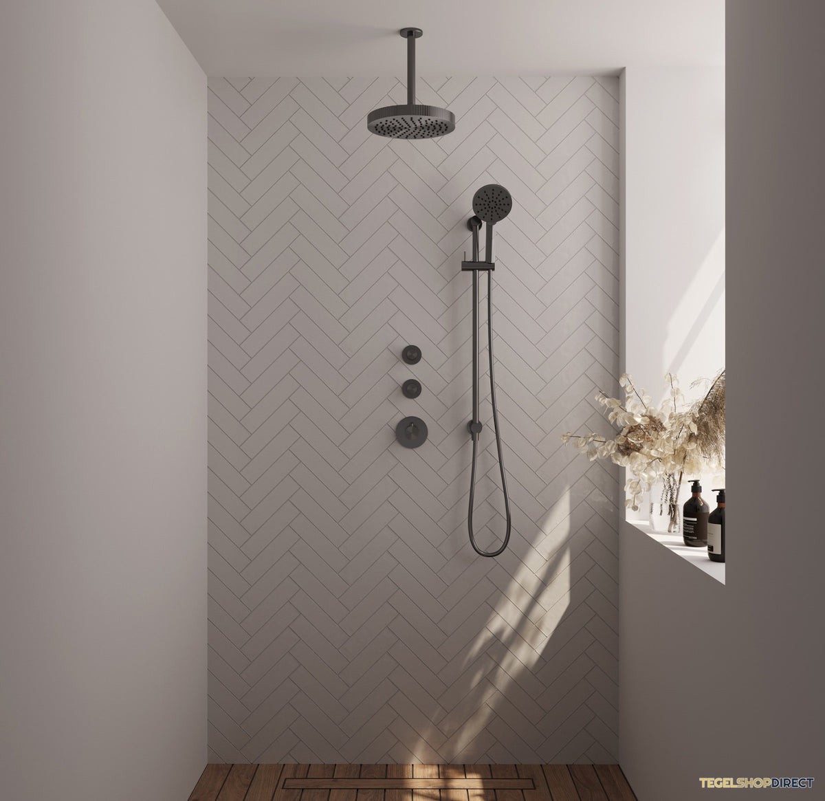 Brauer Stripe thermostatische inbouw regendouche SET 12 met 25 cm douchekop en plafondarm en 3-standen handdouche en doucheslang en geintegreerde glijstang gunmetal geborsteld PVD – afbeelding 2