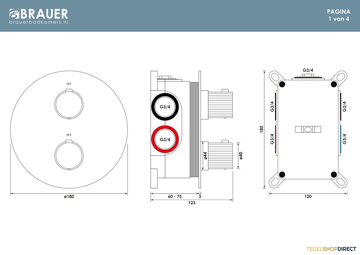 Brauer Stripe thermostatische inbouw regendouche 3-weg rond SET 38 met 25 cm douchekop en gebogen muurarm en staaf handdouche en doucheslang en wandaansluitbocht mat zwart – afbeelding 9